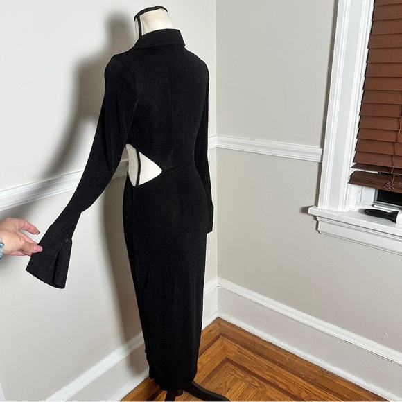 Runaway Stretchy Black Maxi Dress Cutouts Long Sleeves Collared Preppy - Picture 4 of 17